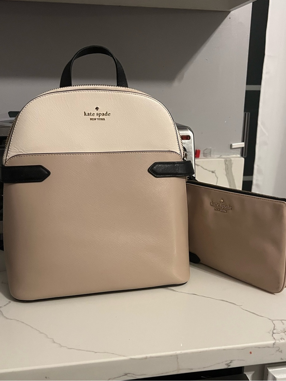 kate spade Two-Tone Cream and Blush Leather Backpack with Matching Pouch